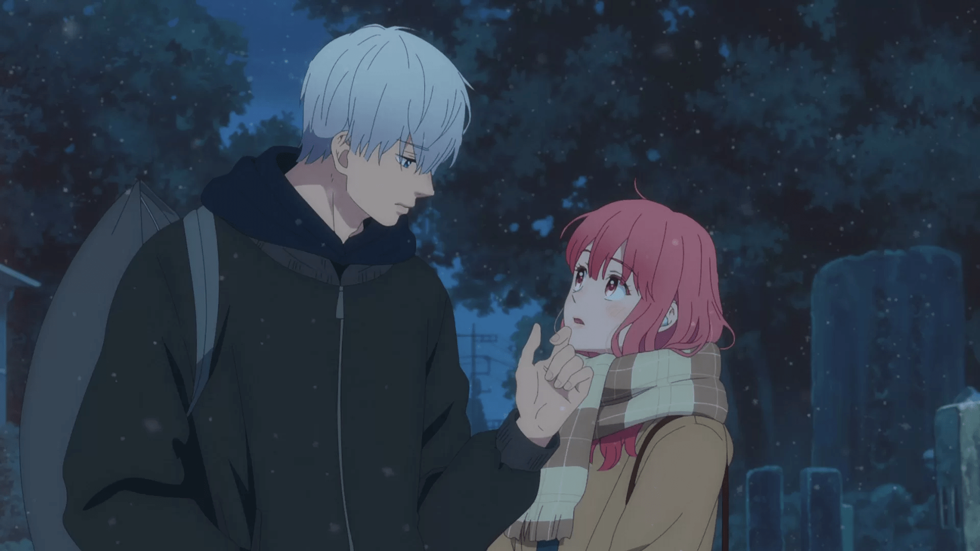 image of the anime, A Sign of Affection featuring Yuki, a deaf girl with pink hair looking up at Itsuomi, her love interest with white hair. His hand is on her chin